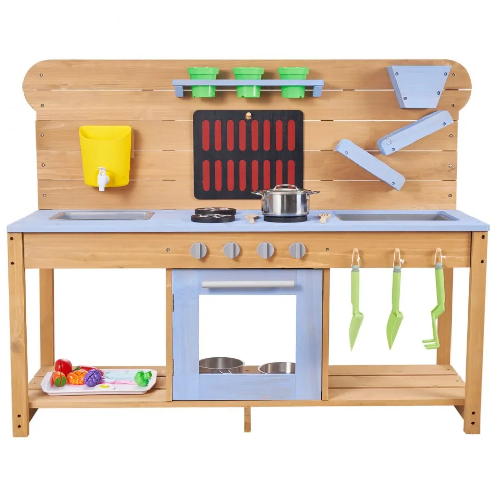 VEVOR Mud Kitchen, Outdoor Mud Kitchen for Kids, Wood Outdoor Play Kitchens with Stoves, Hooks, Double Sinks, Planting Shovels, Spatulas, Cookware Pots and Accessories, Play with Water and Sand