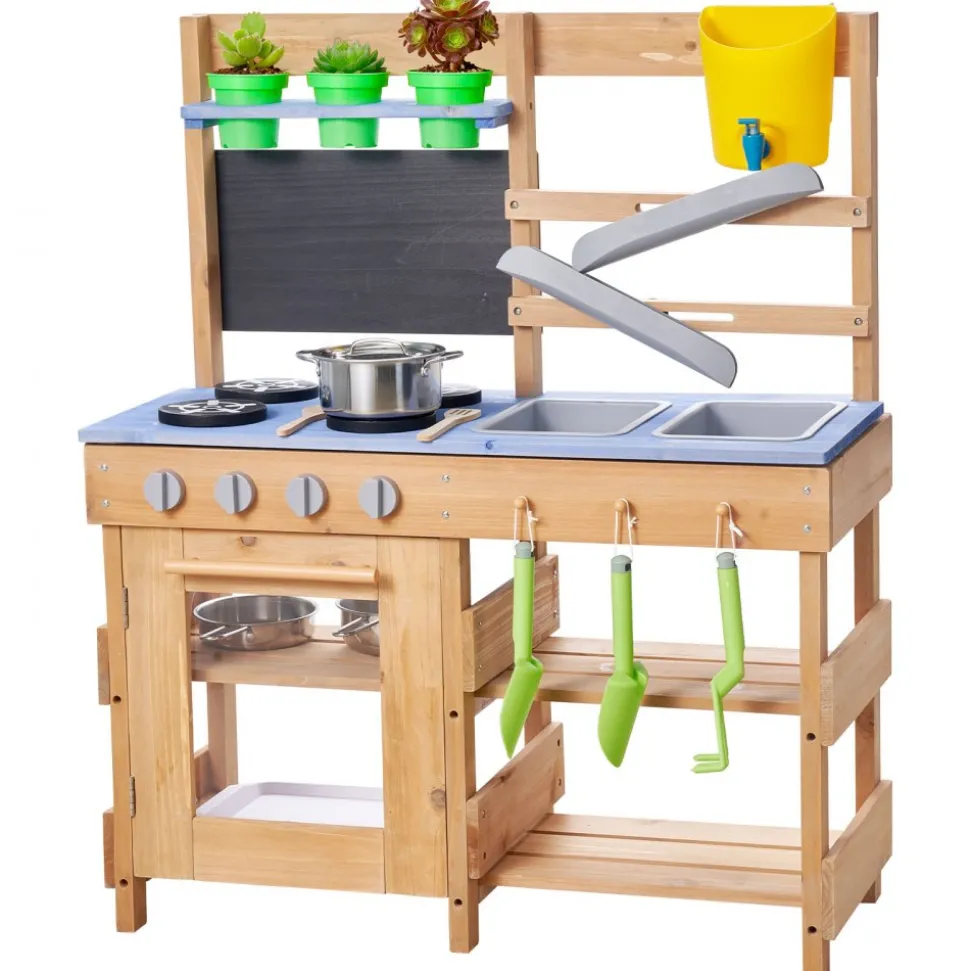 VEVOR Mud Kitchen, Outdoor Mud Kitchen for Kids, Wood Outdoor Play Kitchens with Stoves, Hooks, Sinks, Planting Shovels, Spatulas, Handle, Cookware Pots and Accessories, Play with Water and Sand