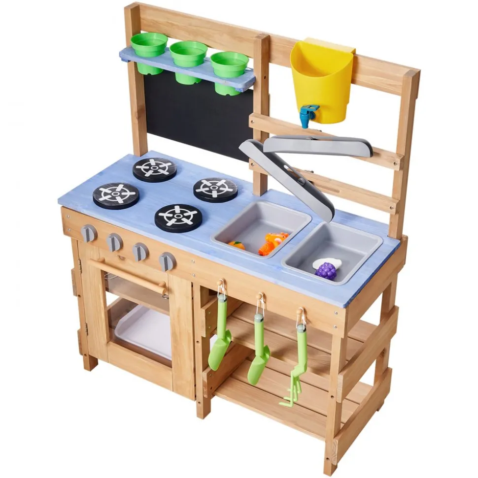 VEVOR Mud Kitchen, Outdoor Mud Kitchen for Kids, Wood Outdoor Play Kitchens with Stoves, Hooks, Sinks, Planting Shovels, Spatulas, Handle, Cookware Pots and Accessories, Play with Water and Sand