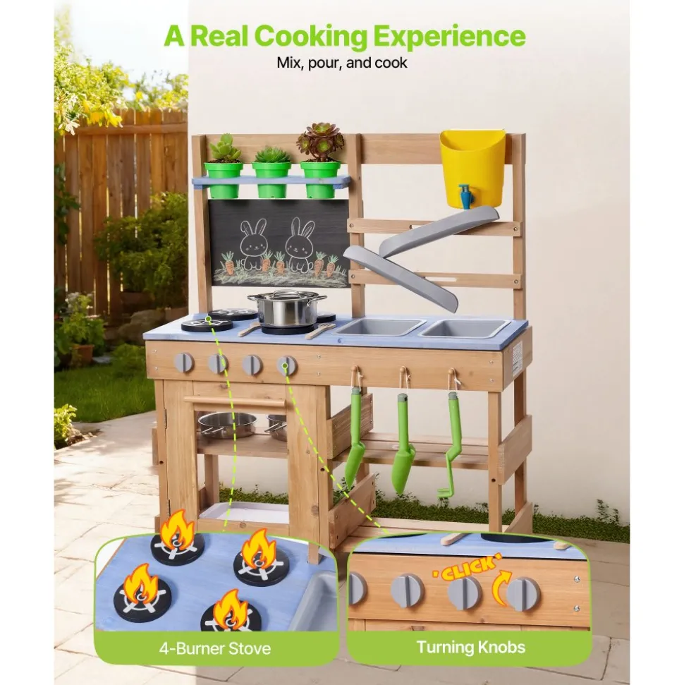 VEVOR Mud Kitchen, Outdoor Mud Kitchen for Kids, Wood Outdoor Play Kitchens with Stoves, Hooks, Sinks, Planting Shovels, Spatulas, Handle, Cookware Pots and Accessories, Play with Water and Sand