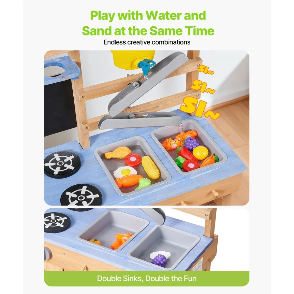 VEVOR Mud Kitchen, Outdoor Mud Kitchen for Kids, Wood Outdoor Play Kitchens with Stoves, Hooks, Sinks, Planting Shovels, Spatulas, Handle, Cookware Pots and Accessories, Play with Water and Sand