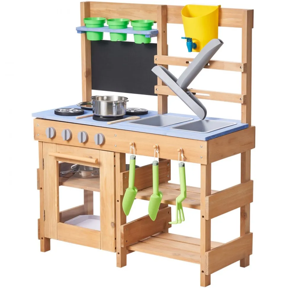 VEVOR Mud Kitchen, Outdoor Mud Kitchen for Kids, Wood Outdoor Play Kitchens with Stoves, Hooks, Sinks, Planting Shovels, Spatulas, Handle, Cookware Pots and Accessories, Play with Water and Sand