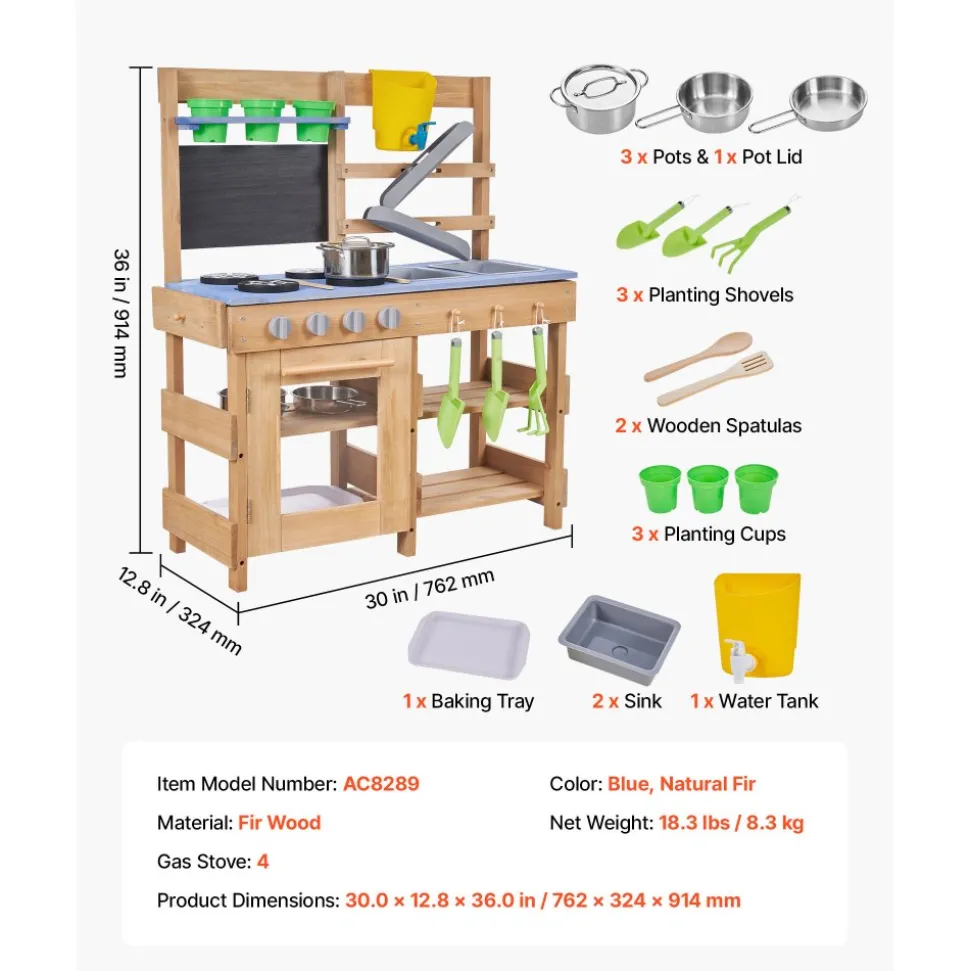 VEVOR Mud Kitchen, Outdoor Mud Kitchen for Kids, Wood Outdoor Play Kitchens with Stoves, Hooks, Sinks, Planting Shovels, Spatulas, Handle, Cookware Pots and Accessories, Play with Water and Sand