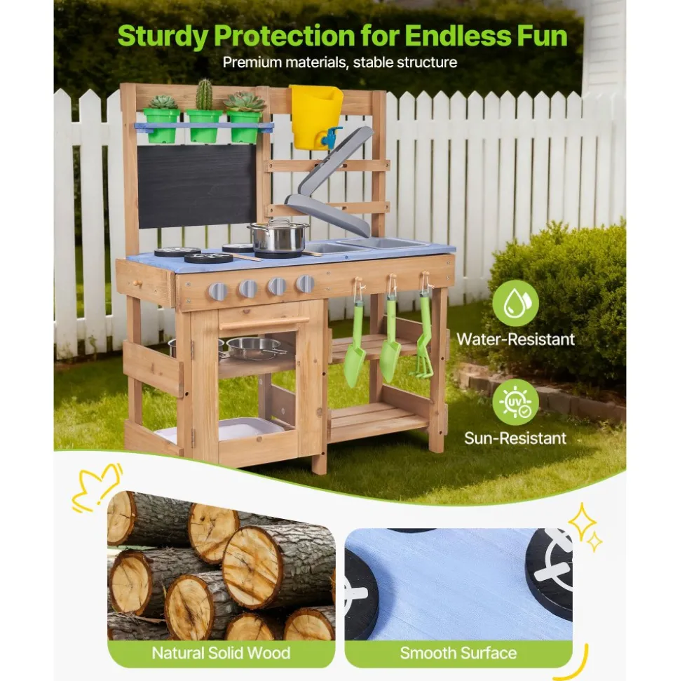 VEVOR Mud Kitchen, Outdoor Mud Kitchen for Kids, Wood Outdoor Play Kitchens with Stoves, Hooks, Sinks, Planting Shovels, Spatulas, Handle, Cookware Pots and Accessories, Play with Water and Sand