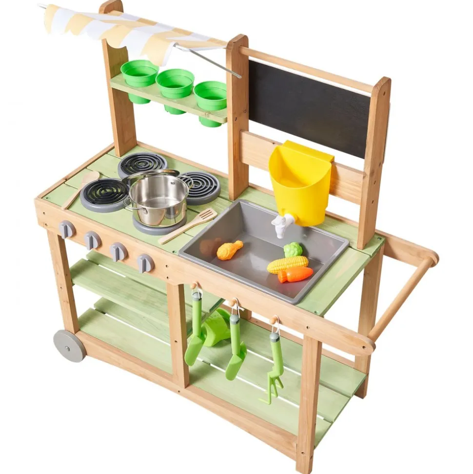 VEVOR Mud Kitchen, Outdoor Mud Kitchen for Kids, Wood Outdoor Play Kitchens with Spoons, Sink, Sunshade Canopy, Swivel Wheels, Cookware Pots and Accessories, Wooden Play Kitchens for Home, Lawn