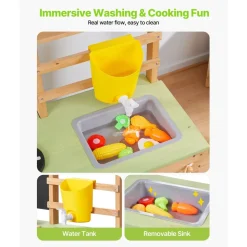 VEVOR Mud Kitchen, Outdoor Mud Kitchen for Kids, Wood Outdoor Play Kitchens with Spoons, Sink, Sunshade Canopy, Swivel Wheels, Cookware Pots and Accessories, Wooden Play Kitchens for Home, Lawn