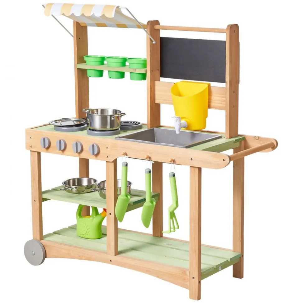 VEVOR Mud Kitchen, Outdoor Mud Kitchen for Kids, Wood Outdoor Play Kitchens with Spoons, Sink, Sunshade Canopy, Swivel Wheels, Cookware Pots and Accessories, Wooden Play Kitchens for Home, Lawn