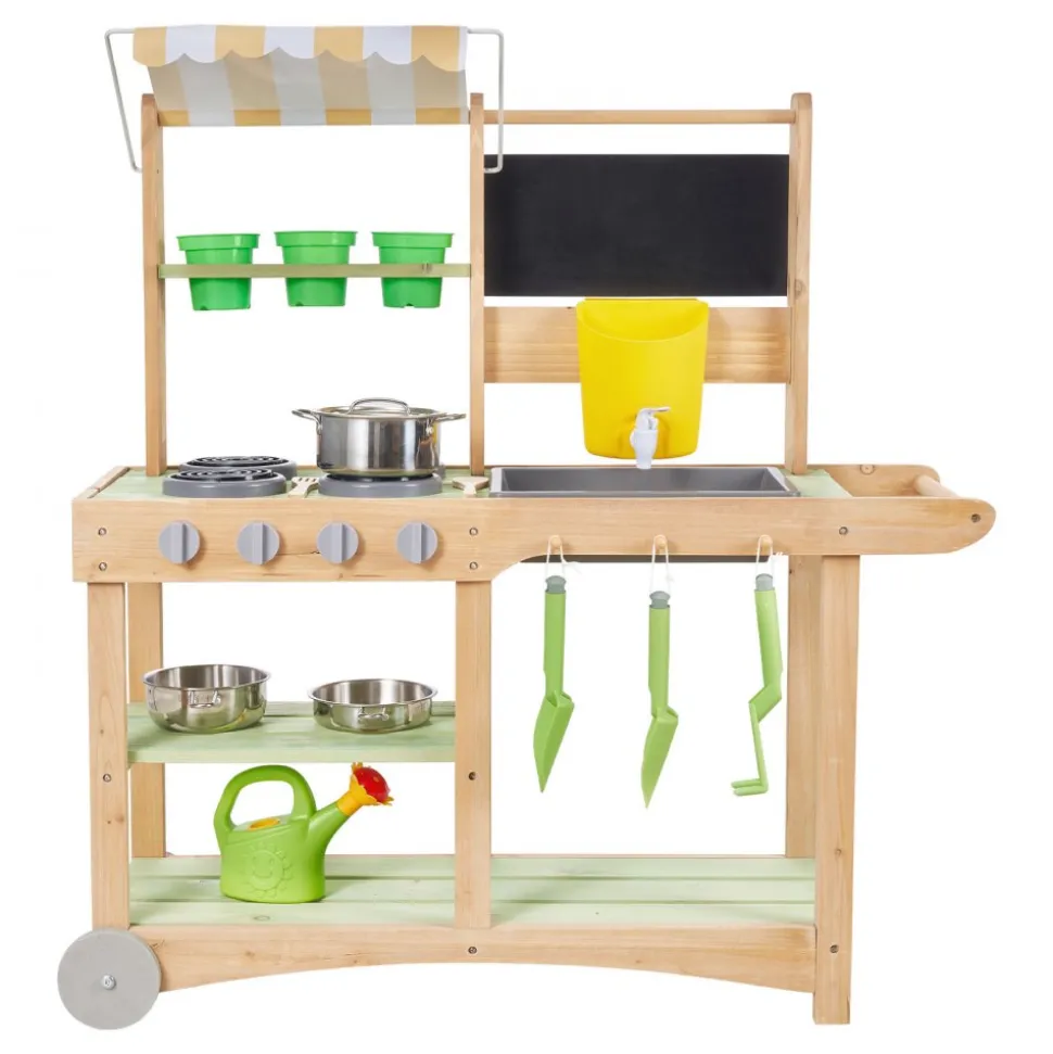 VEVOR Mud Kitchen, Outdoor Mud Kitchen for Kids, Wood Outdoor Play Kitchens with Spoons, Sink, Sunshade Canopy, Swivel Wheels, Cookware Pots and Accessories, Wooden Play Kitchens for Home, Lawn