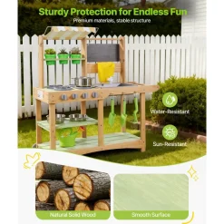 VEVOR Mud Kitchen, Outdoor Mud Kitchen for Kids, Wood Outdoor Play Kitchens with Spoons, Sink, Sunshade Canopy, Swivel Wheels, Cookware Pots and Accessories, Wooden Play Kitchens for Home, Lawn