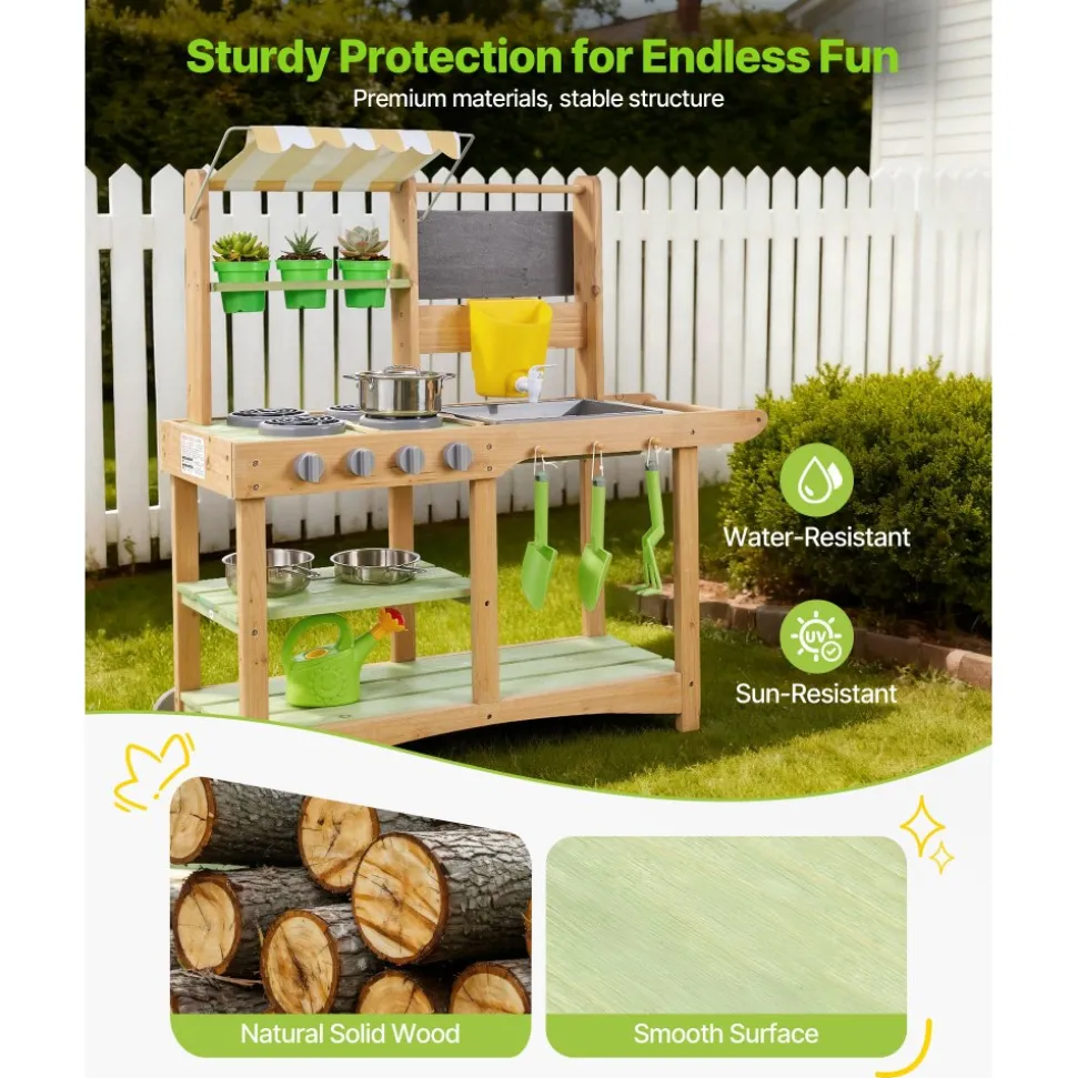 VEVOR Mud Kitchen, Outdoor Mud Kitchen for Kids, Wood Outdoor Play Kitchens with Spoons, Sink, Sunshade Canopy, Swivel Wheels, Cookware Pots and Accessories, Wooden Play Kitchens for Home, Lawn
