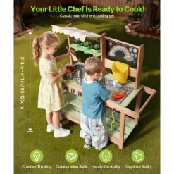 VEVOR Mud Kitchen, Outdoor Mud Kitchen for Kids, Wood Outdoor Play Kitchens with Spoons, Sink, Sunshade Canopy, Swivel Wheels, Cookware Pots and Accessories, Wooden Play Kitchens for Home, Lawn