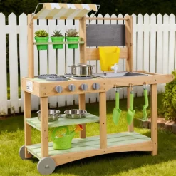 VEVOR Mud Kitchen, Outdoor Mud Kitchen for Kids, Wood Outdoor Play Kitchens with Spoons, Sink, Sunshade Canopy, Swivel Wheels, Cookware Pots and Accessories, Wooden Play Kitchens for Home, Lawn