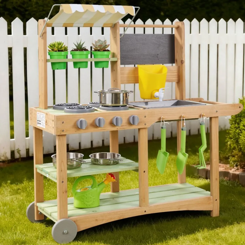 VEVOR Mud Kitchen, Outdoor Mud Kitchen for Kids, Wood Outdoor Play Kitchens with Spoons, Sink, Sunshade Canopy, Swivel Wheels, Cookware Pots and Accessories, Wooden Play Kitchens for Home, Lawn