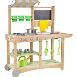 VEVOR Mud Kitchen, Outdoor Mud Kitchen for Kids, Wood Outdoor Play Kitchens with Spoons, Sink, Sunshade Canopy, Swivel Wheels, Cookware Pots and Accessories, Wooden Play Kitchens for Home, Lawn