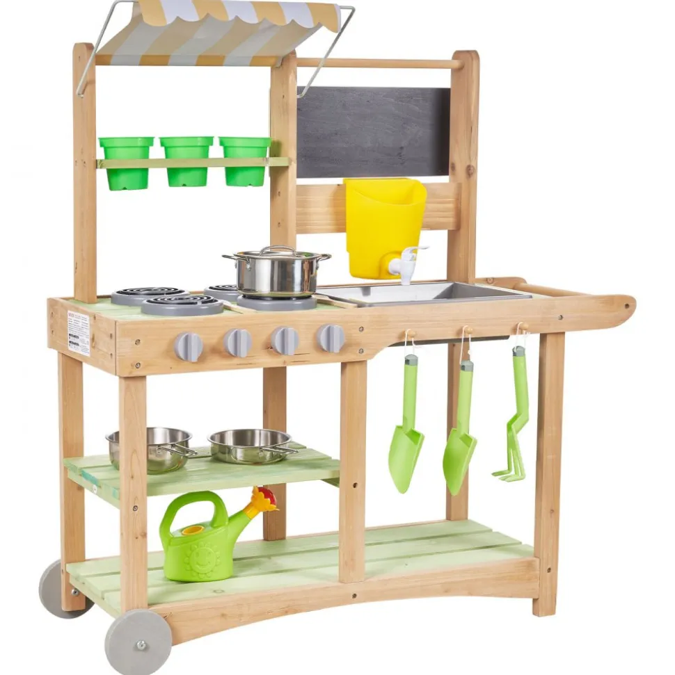 VEVOR Mud Kitchen, Outdoor Mud Kitchen for Kids, Wood Outdoor Play Kitchens with Spoons, Sink, Sunshade Canopy, Swivel Wheels, Cookware Pots and Accessories, Wooden Play Kitchens for Home, Lawn