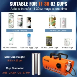 VEVOR Mug Heat Press Machine, 30oz Tumbler Heat Press, Sublimation Transfer 11-15oz 16-25oz 30oz Straight Skinny Tumblers, Cup Heat Press with Heat-resist Gloves, Tape, DIY Ceramic Mugs Glasses