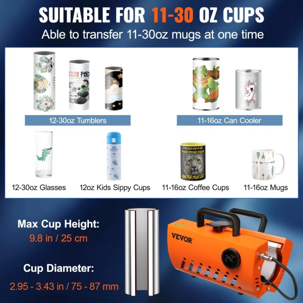 VEVOR Mug Heat Press Machine, 30oz Tumbler Heat Press, Sublimation Transfer 11-15oz 16-25oz 30oz Straight Skinny Tumblers, Cup Heat Press with Heat-resist Gloves, Tape, DIY Ceramic Mugs Glasses