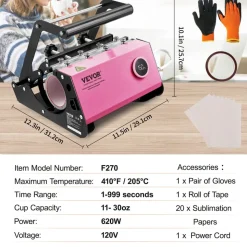VEVOR Mug Heat Press, 11-30oz Tumbler Heat Press Machine, Sublimation Transfer Straight Skinny Tumblers, Cup Heat Press with Heat-resist Gloves & Tape, DIY Ceramic Mugs Cups Glasses, As Gift, Pink
