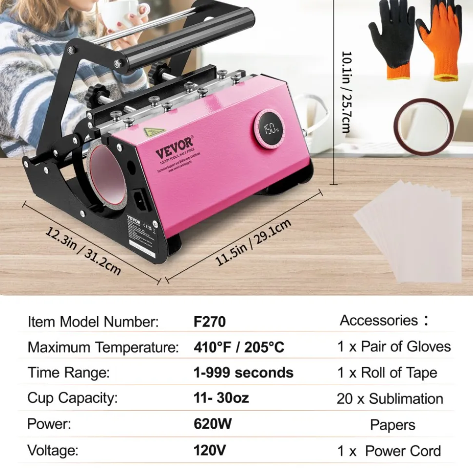 VEVOR Mug Heat Press, 11-30oz Tumbler Heat Press Machine, Sublimation Transfer Straight Skinny Tumblers, Cup Heat Press with Heat-resist Gloves & Tape, DIY Ceramic Mugs Cups Glasses, As Gift, Pink
