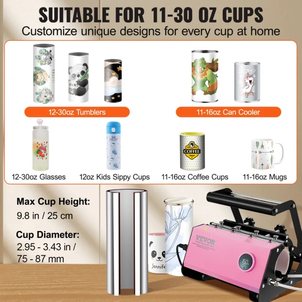 VEVOR Mug Heat Press, 11-30oz Tumbler Heat Press Machine, Sublimation Transfer Straight Skinny Tumblers, Cup Heat Press with Heat-resist Gloves & Tape, DIY Ceramic Mugs Cups Glasses, As Gift, Pink