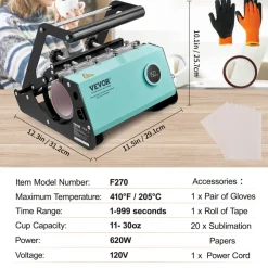 VEVOR Mug Heat Press, 11-30oz Tumbler Heat Press Machine, Sublimation Transfer Straight Skinny Tumblers, Cup Heat Press with Heat-resist Gloves & Tape, DIY Ceramic Mugs Cups Glasses, As Gift, Green