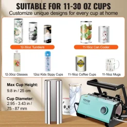 VEVOR Mug Heat Press, 11-30oz Tumbler Heat Press Machine, Sublimation Transfer Straight Skinny Tumblers, Cup Heat Press with Heat-resist Gloves & Tape, DIY Ceramic Mugs Cups Glasses, As Gift, Green