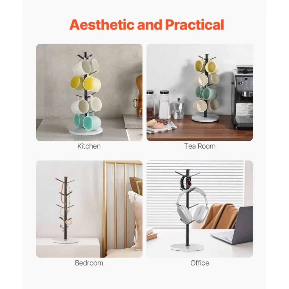 VEVOR Mug Holder Tree with Marble Base, 8 Hooks Coffee Cup Holder for Counter, Carbon Steel Mug Tree Cup Rack Stand, Upgraded Coffee Cup Tree for Coffee Bar Kitchen Home Organizer (Matte Black)