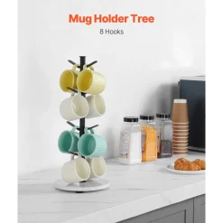 VEVOR Mug Holder Tree with Marble Base, 8 Hooks Coffee Cup Holder for Counter, Carbon Steel Mug Tree Cup Rack Stand, Upgraded Coffee Cup Tree for Coffee Bar Kitchen Home Organizer (Matte Black)