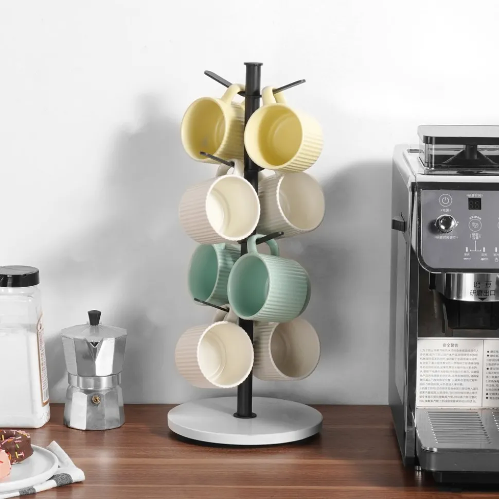 VEVOR Mug Holder Tree with Marble Base, 8 Hooks Coffee Cup Holder for Counter, Carbon Steel Mug Tree Cup Rack Stand, Upgraded Coffee Cup Tree for Coffee Bar Kitchen Home Organizer (Matte Black)