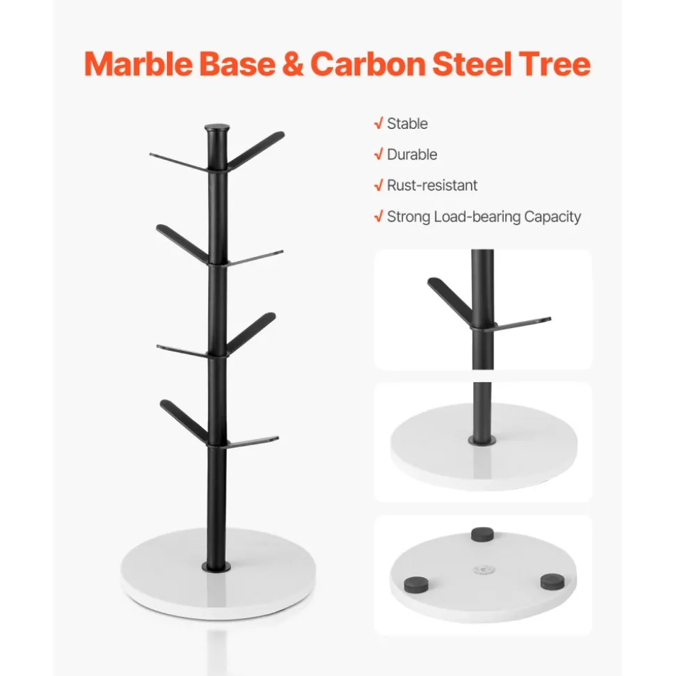 VEVOR Mug Holder Tree with Marble Base, 8 Hooks Coffee Cup Holder for Counter, Carbon Steel Mug Tree Cup Rack Stand, Upgraded Coffee Cup Tree for Coffee Bar Kitchen Home Organizer (Matte Black)