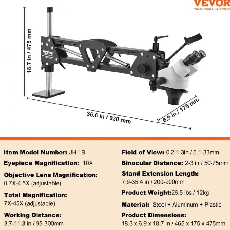 VEVOR Multi-Directional Microscope with Spring Bracket, 7X-45X Magnification Jewelry Microscope, Micro Jewelry Inlaid Stand with Integrated USB Ring LED Light and 360° Ball Vise, for Jewelry Inlay
