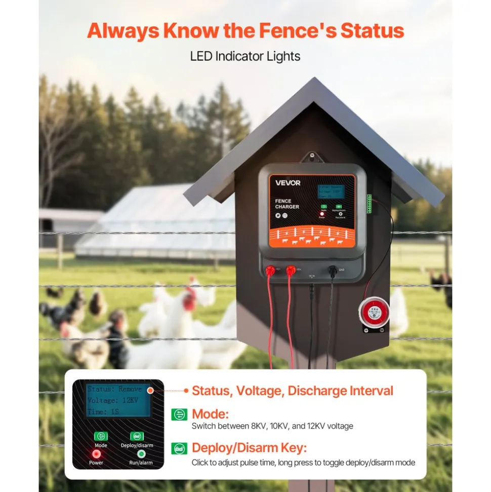 VEVOR Multi-Powered Electric Fence Charger, 2J/3J/5J, Electric Fence Energizer with Real-Time LED Display, 6.2 Miles Range, AC DC Powerful Fences Charger, Keep Out Wild Animals, for Livestock Poultry