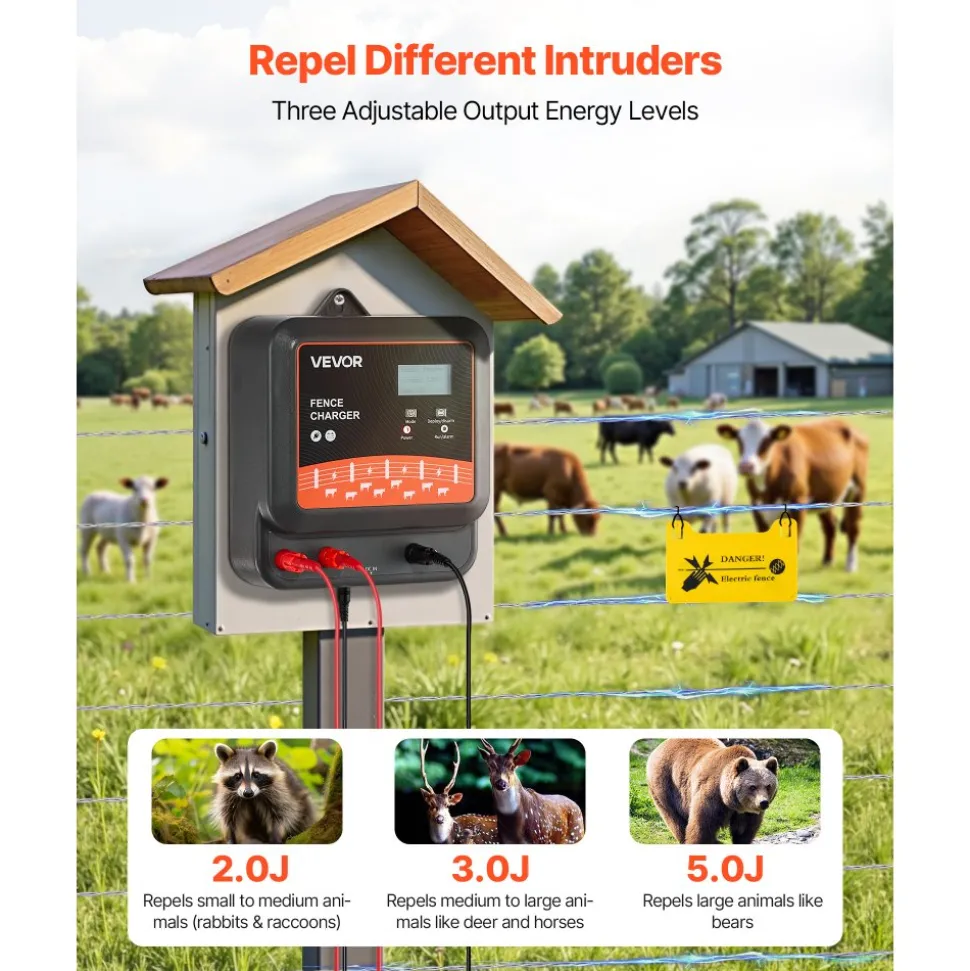 VEVOR Multi-Powered Electric Fence Charger, 2J/3J/5J, Electric Fence Energizer with Real-Time LED Display, 6.2 Miles Range, AC DC Powerful Fences Charger, Keep Out Wild Animals, for Livestock Poultry