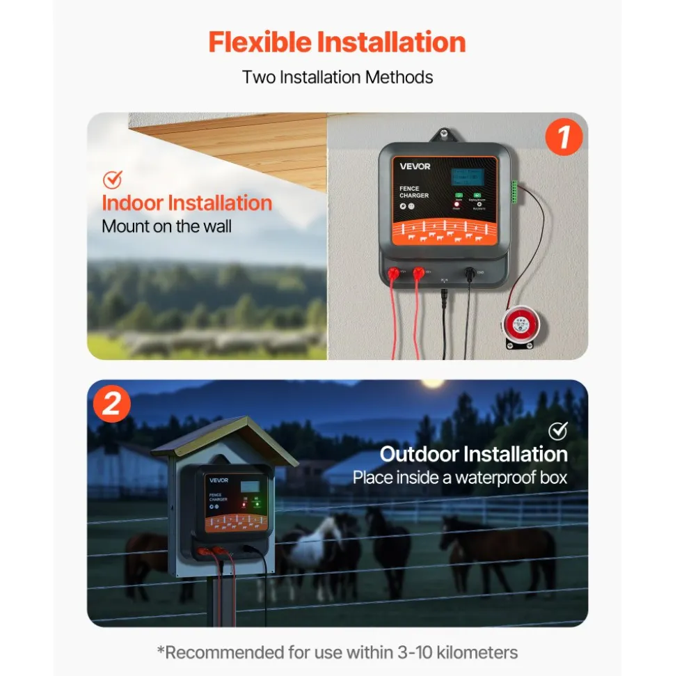 VEVOR Multi-Powered Electric Fence Charger, 2J/3J/5J, Electric Fence Energizer with Real-Time LED Display, 6.2 Miles Range, AC DC Powerful Fences Charger, Keep Out Wild Animals, for Livestock Poultry
