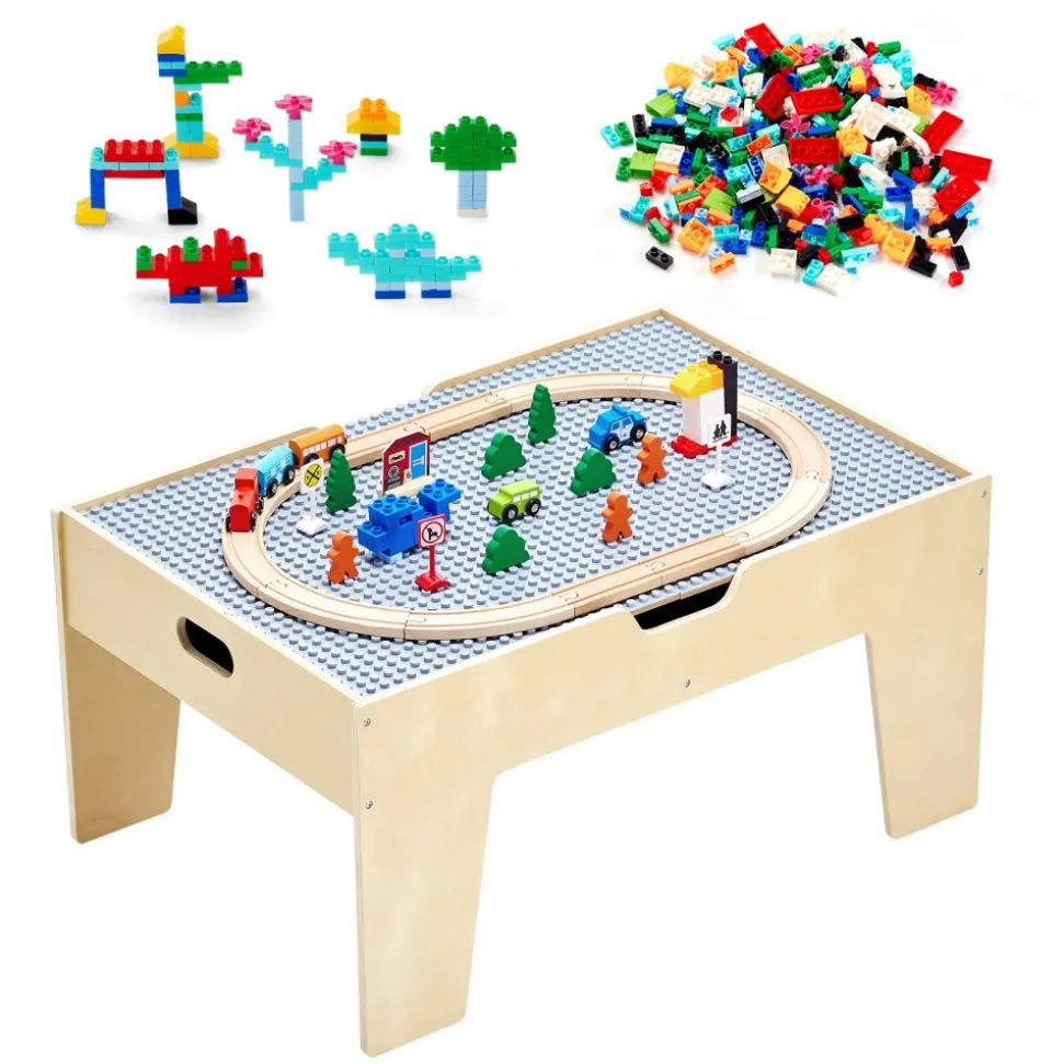 VEVOR Multi-Purpose Activity Play Table, 290 Building Bricks and 30-Piece Wooden Train Set Railway, Vehicles, Tracks and Accessories, Wooden Kids Activity Table with Storage Area for Kids Ages 3+