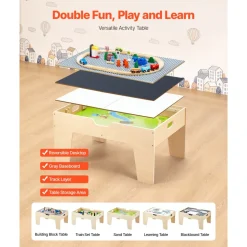 VEVOR Multi-Purpose Activity Play Table, 290 Building Bricks and 30-Piece Wooden Train Set Railway, Vehicles, Tracks and Accessories, Wooden Kids Activity Table with Storage Area for Kids Ages 3+