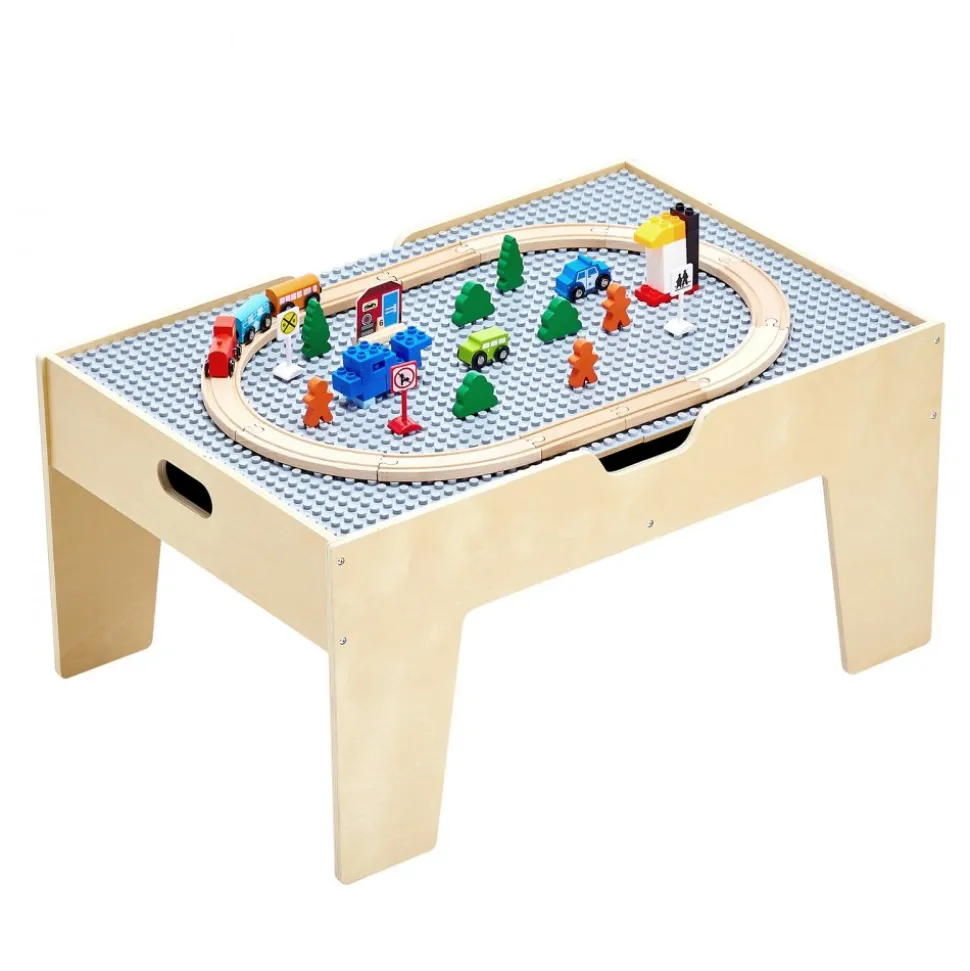 VEVOR Multi-Purpose Activity Play Table, 290 Building Bricks and 30-Piece Wooden Train Set Railway, Vehicles, Tracks and Accessories, Wooden Kids Activity Table with Storage Area for Kids Ages 3+
