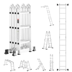 VEVOR Multi-Purpose Folding Ladder, 7-in-1 Tall Extension Step Ladder, A Frame 4 Step with Scaffolding Plank Telescoping Ladder, 15.5ft Reach Height Heavy Duty , 330 lbs Capacity for Home Outdoor