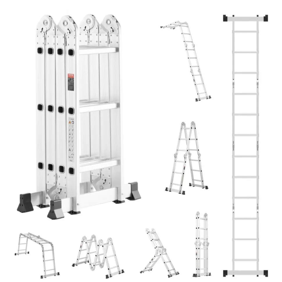 VEVOR Multi-Purpose Folding Ladder, 7-in-1 Tall Step Ladder, A Frame 3 Step Adjustable Telescoping Ladder, 12ft Reach Height Heavy Duty Extension Ladder, 330 lbs Capacity for Household Outdoor Work
