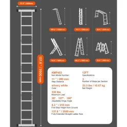 VEVOR Multi-Purpose Folding Ladder, 7-in-1 Tall Step Ladder, A Frame 3 Step Adjustable Telescoping Ladder, 12ft Reach Height Heavy Duty Extension Ladder, 330 lbs Capacity for Household Outdoor Work