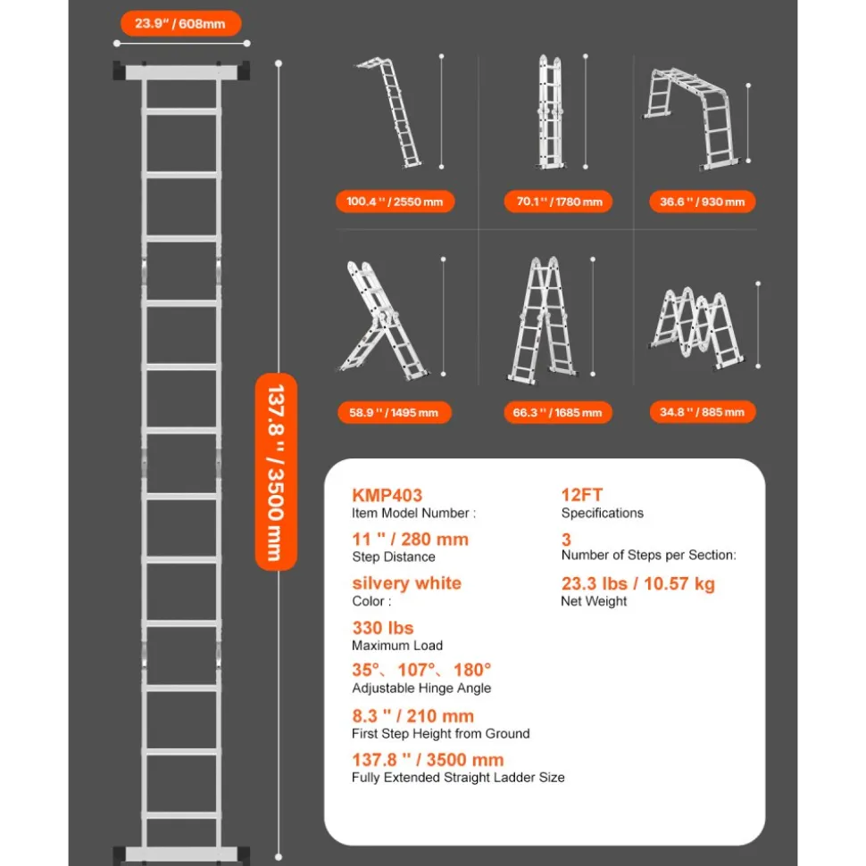 VEVOR Multi-Purpose Folding Ladder, 7-in-1 Tall Step Ladder, A Frame 3 Step Adjustable Telescoping Ladder, 12ft Reach Height Heavy Duty Extension Ladder, 330 lbs Capacity for Household Outdoor Work