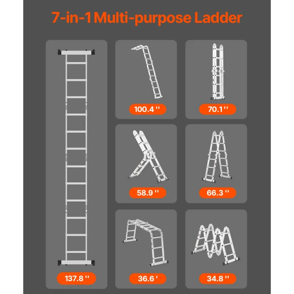 VEVOR Multi-Purpose Folding Ladder, 7-in-1 Tall Step Ladder, A Frame 3 Step Adjustable Telescoping Ladder, 12ft Reach Height Heavy Duty Extension Ladder, 330 lbs Capacity for Household Outdoor Work