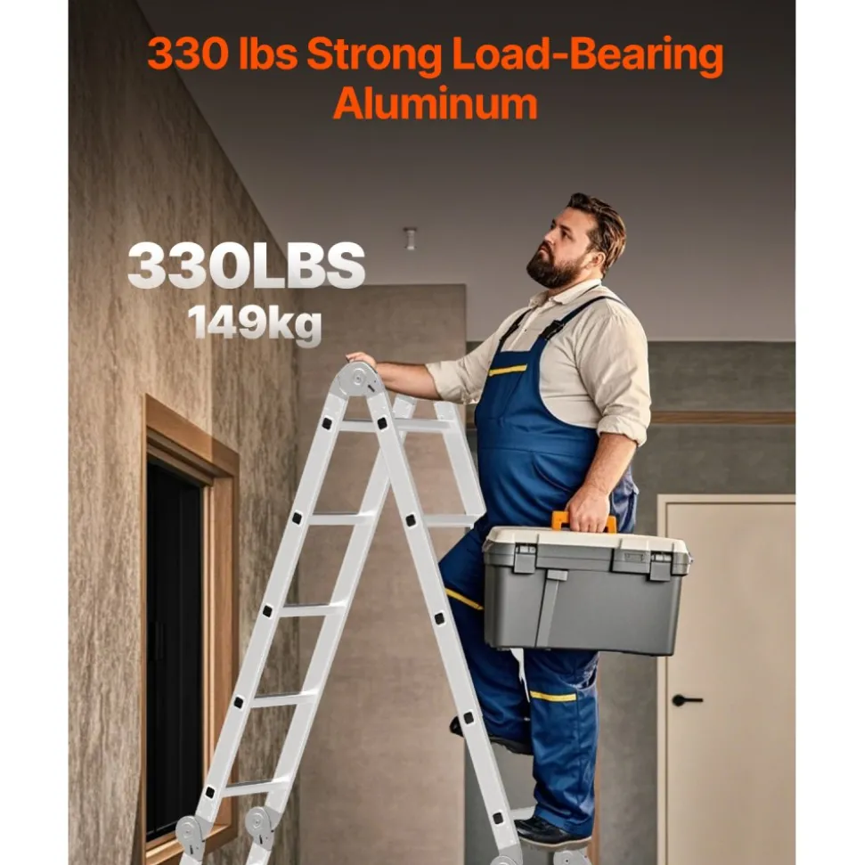 VEVOR Multi-Purpose Folding Ladder, 7-in-1 Tall Step Ladder, A Frame 3 Step Adjustable Telescoping Ladder, 12ft Reach Height Heavy Duty Extension Ladder, 330 lbs Capacity for Household Outdoor Work