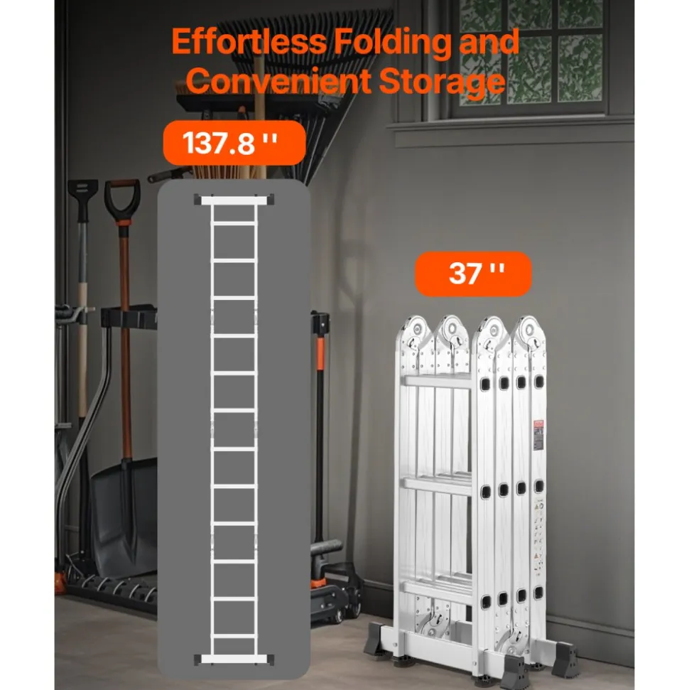 VEVOR Multi-Purpose Folding Ladder, 7-in-1 Tall Step Ladder, A Frame 3 Step Adjustable Telescoping Ladder, 12ft Reach Height Heavy Duty Extension Ladder, 330 lbs Capacity for Household Outdoor Work