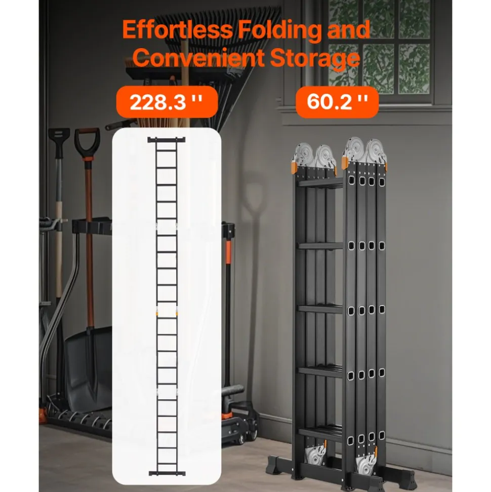 VEVOR Multi-Purpose Folding Ladder, 7-in-1 Tall Extension Step Ladder, A Frame 5 Step Telescoping Ladder, 19ft Reach Height Heavy Duty Adjustable Ladder, 330 lbs Capacity for Home Outdoor Metal