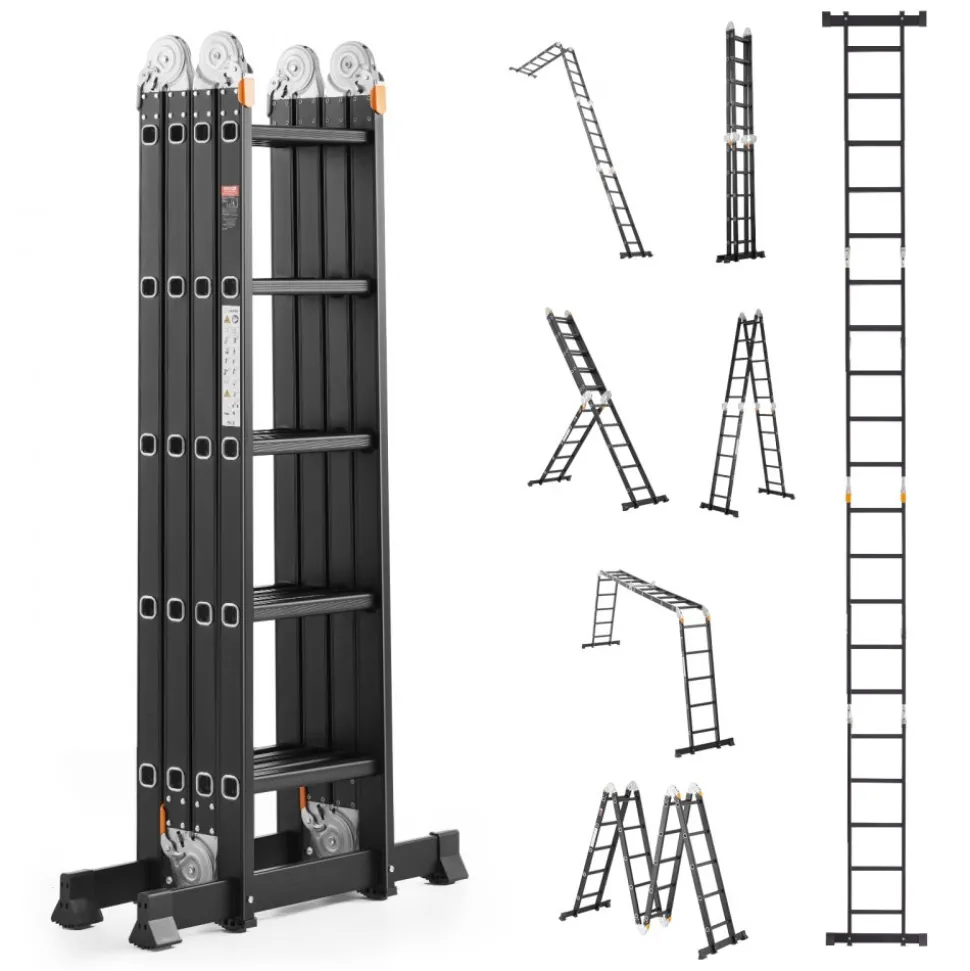 VEVOR Multi-Purpose Folding Ladder, 7-in-1 Tall Extension Step Ladder, A Frame 5 Step Telescoping Ladder, 19ft Reach Height Heavy Duty Adjustable Ladder, 330 lbs Capacity for Home Outdoor Metal