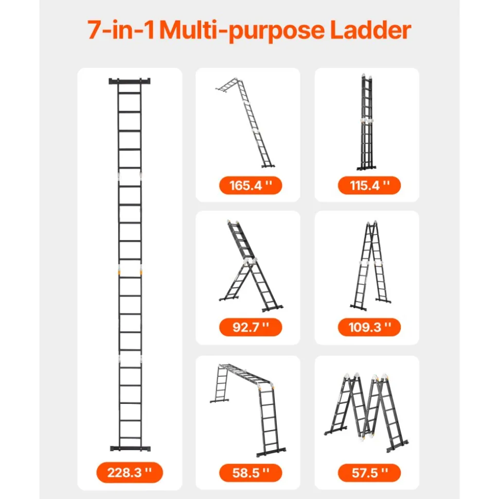 VEVOR Multi-Purpose Folding Ladder, 7-in-1 Tall Extension Step Ladder, A Frame 5 Step Telescoping Ladder, 19ft Reach Height Heavy Duty Adjustable Ladder, 330 lbs Capacity for Home Outdoor Metal