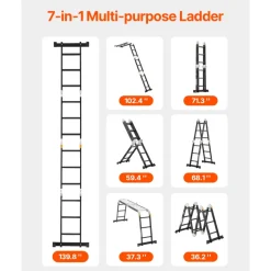 VEVOR Multi-Purpose Folding Ladder, 7-in-1 Tall Extension Step Ladder, A Frame 3 Step with Scaffolding Plank Telescoping Ladder, 12ft Reach Height Heavy Duty Ladder, 330 lbs Capacity for Home Outdoor