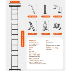 VEVOR Multi-Purpose Folding Ladder, 7-in-1 Tall Extension Step Ladder, A Frame 3 Step with Scaffolding Plank Telescoping Ladder, 12ft Reach Height Heavy Duty Ladder, 330 lbs Capacity for Home Outdoor