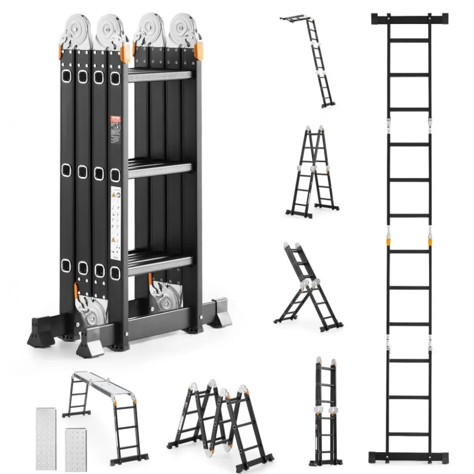 VEVOR Multi-Purpose Folding Ladder, 7-in-1 Tall Extension Step Ladder, A Frame 3 Step with Scaffolding Plank Telescoping Ladder, 12ft Reach Height Heavy Duty Ladder, 330 lbs Capacity for Home Outdoor